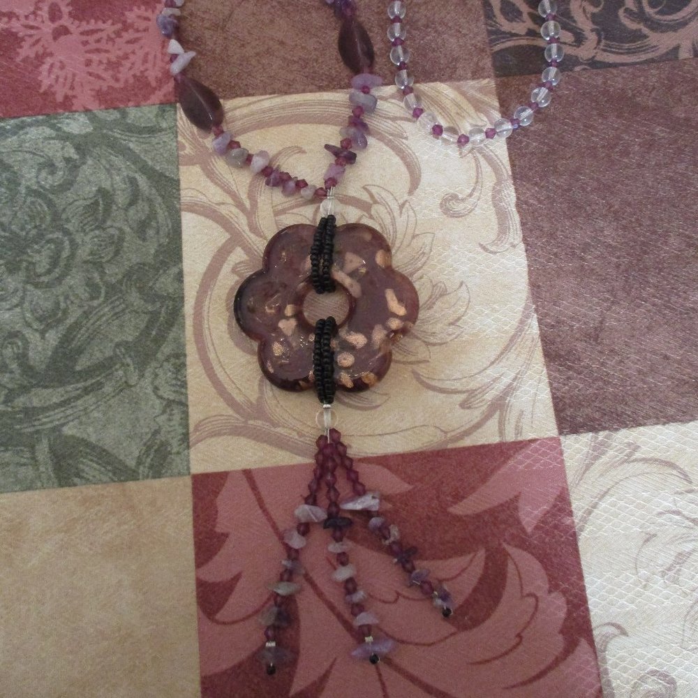 Women's Purple/Clear/Lavendar/Gold Beaded Pendant Necklace 19 1/2" Long